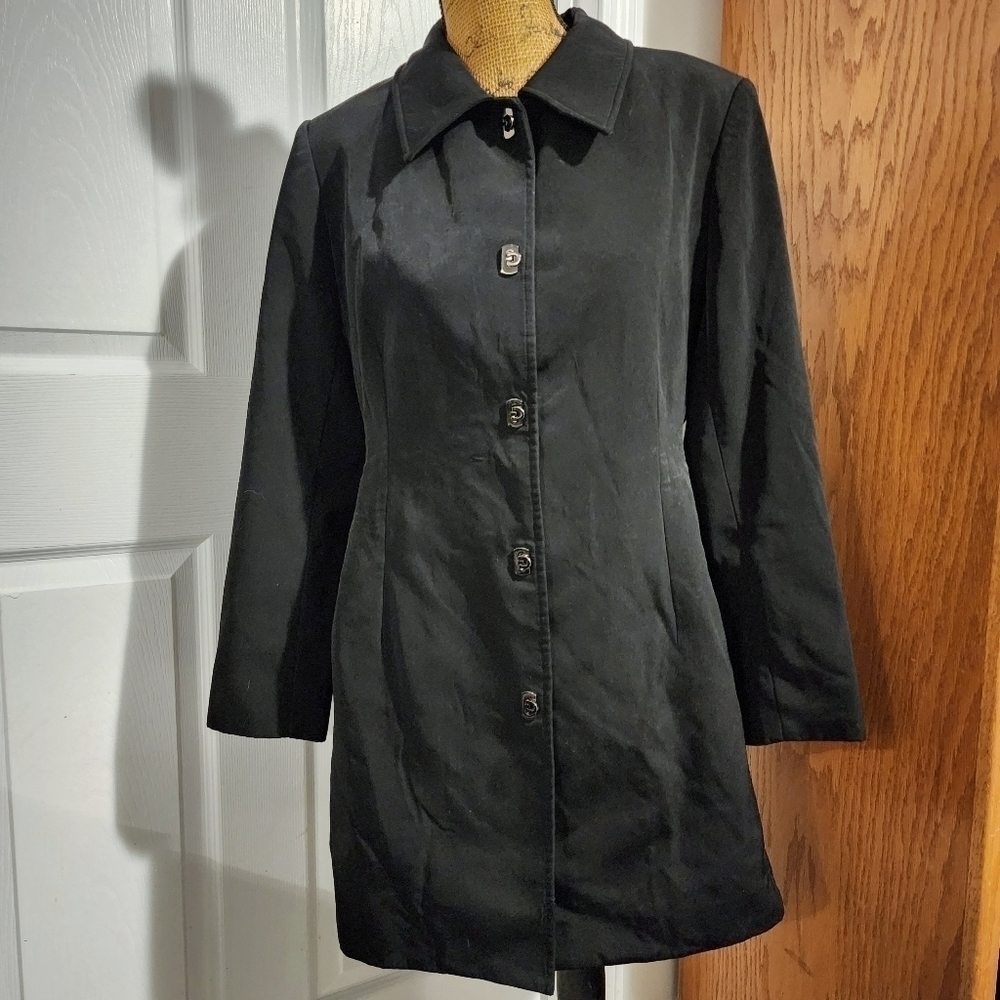 Anne Klein Black Long Coat Bendable Metal Closure Buttons Women's Petite Large